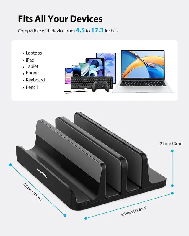 Alt view image 3 of 7 - Vertical Laptop Stand Holder 3 Slots Aluminum Desk Stand with Adjustable Dock Size for Tablet MacBook Phone - Universal Fit (up to 17.3) - Heavy Duty Polished Anti Slide - Black