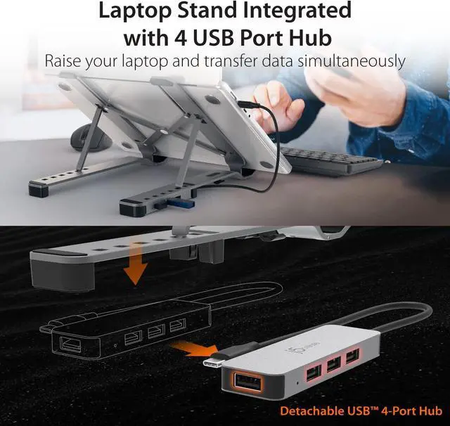 Alt view image 2 of 7 - Portable Aluminum Laptop Stand with USB 4-Port Hub Foldable and Adjustable Notebook Riser with 4 USB-A Ports for MacBook Laptop and Tablet up to 16 (JTS223)
