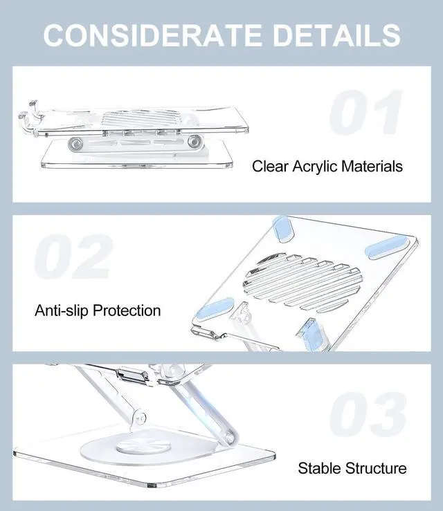 Alt view image 5 of 7 - Acrylic Laptop Stand for Desk with 360 Rotating Base Ergonimic Foldable Clear Laptop Riser Compatible with MacBook Pro/Air Notebook up to 16 Inches Ultra Thick Acrylic Transparent