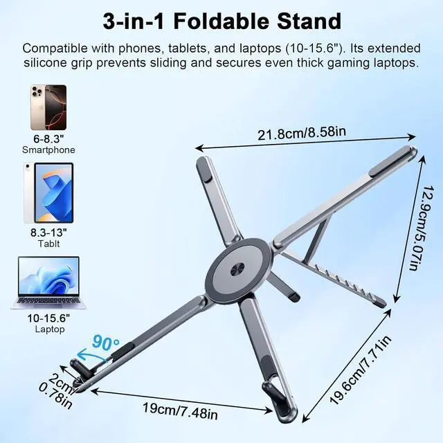 Alt view image 2 of 7 - Foldable Laptop Stand for Desk All-in-One Portable Holder for Laptop Phone & Tablet with Magnetic Mount - 8-Angle Adjustable Aluminum with Non-Slip Base for 10-15.6 Laptops
