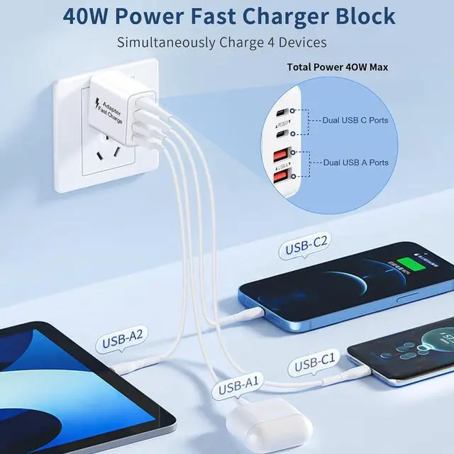 Alt view image 2 of 7 - USB C Charger Block 40W 2Pack 4-Port Type C Fast Charging Blocks PD USBC Plug Adapter + QC USB Wall Charger Cube Multiport Brick Compatible with iPhone 16 15 14 13 12 11 Pro Max XS