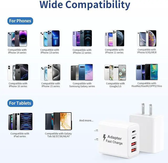 Alt view image 6 of 7 - USB C Charger Block 40W 2Pack 4-Port Type C Fast Charging Blocks PD USBC Plug Adapter + QC USB Wall Charger Cube Multiport Brick Compatible with iPhone 16 15 14 13 12 11 Pro Max XS