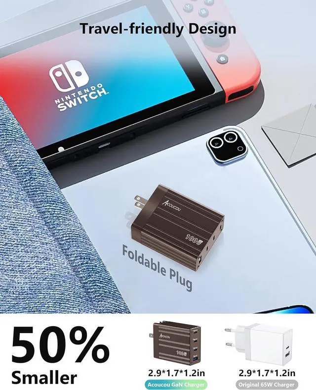 Alt view image 4 of 7 - ACOUCOU 100W USB C Charger 4-Port GaN Fast Charging Foldable Compact Laptop Charger Power Adapter for MacBook Ipad iPhone Galaxy S24 Ultra Steam Deck Google Pixelbook and More