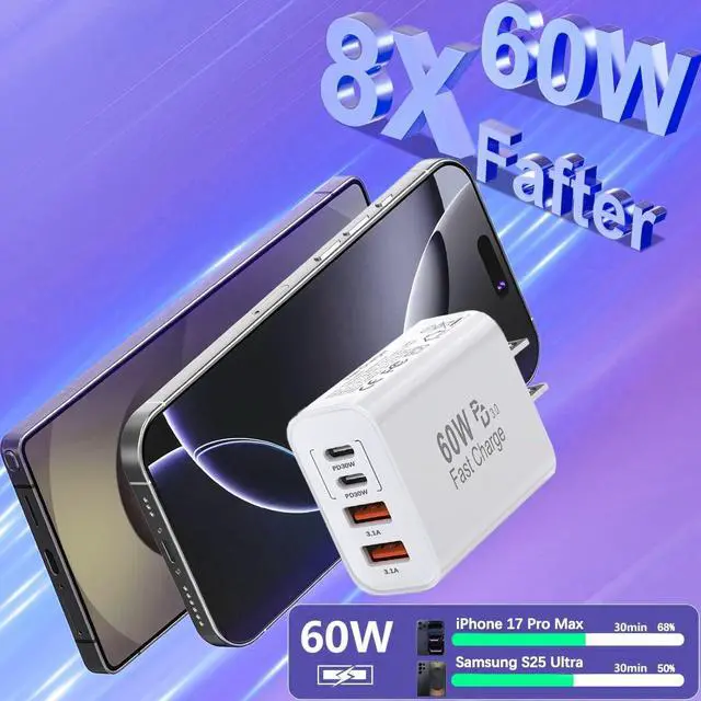 Alt view image 2 of 7 - 60W USB C Charger Block 4-Port Type C Fast Charging Block Dual Port USB C PD Power Adapter+QC Double USB A Wall Plug Multiport Cube Brick for iPhone 17 Pro Max/16e/15/14/13/12/11/Xs Max/XR/X iPad