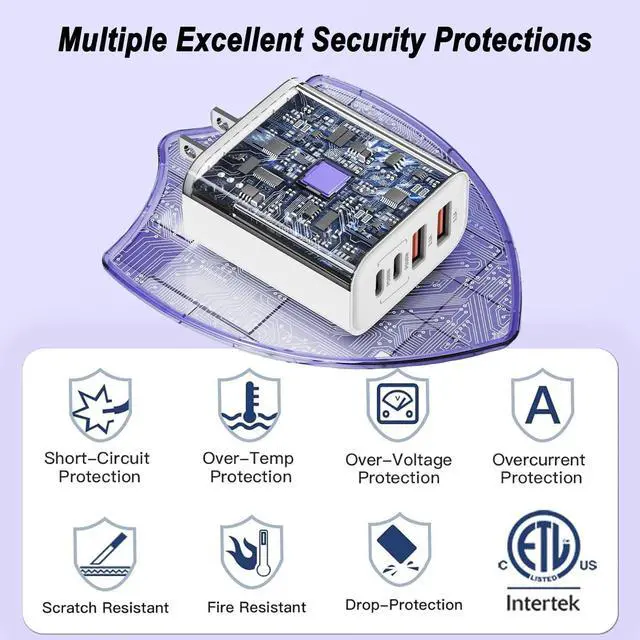 Alt view image 4 of 7 - 60W USB C Charger Block 4-Port Type C Fast Charging Block Dual Port USB C PD Power Adapter+QC Double USB A Wall Plug Multiport Cube Brick for iPhone 17 Pro Max/16e/15/14/13/12/11/Xs Max/XR/X iPad