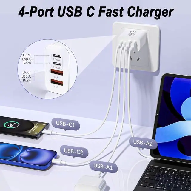 Alt view image 5 of 7 - 60W USB C Charger Block 4-Port Type C Fast Charging Block Dual Port USB C PD Power Adapter+QC Double USB A Wall Plug Multiport Cube Brick for iPhone 17 Pro Max/16e/15/14/13/12/11/Xs Max/XR/X iPad