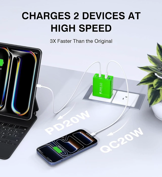 Alt view image 2 of 7 - 2 Pack 60W USB C Fast Charger Block 5-Port Type C Wall Charger Brick 2 USB A & 3 USB C PD3.0 Power Adapter Multiport Charging Plug Box for iPhone 13/14/15/16/17 Pad Mini/Pro Cellphones(Green)
