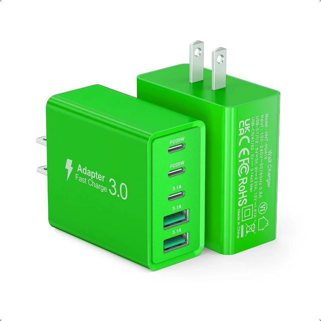 Main image of 2 Pack 60W USB C Fast Charger Block 5-Port Type C Wall Charger Brick 2 USB A & 3 USB C PD3.0 Power Adapter Multiport Charging Plug Box for iPhone 13/14/15/16/17 Pad Mini/Pro Cellphones(Green)