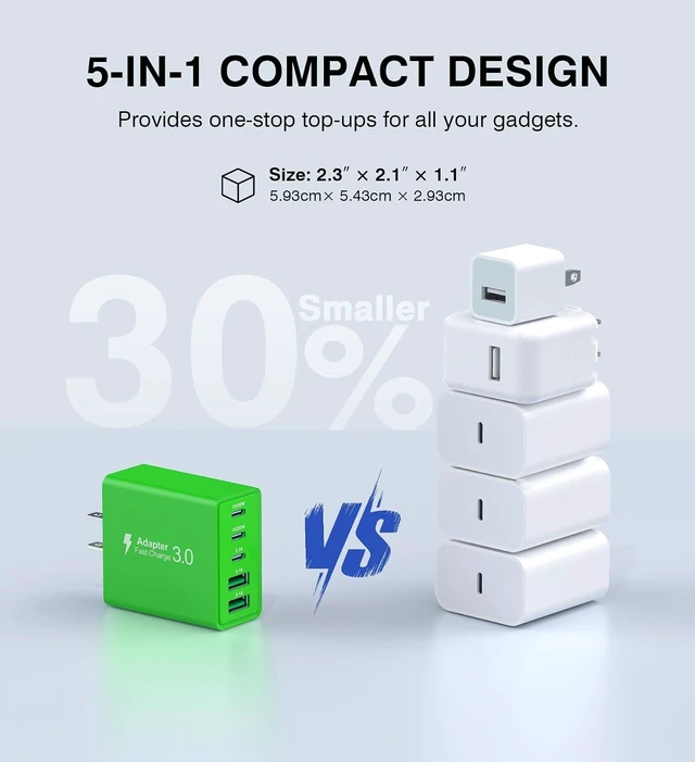 Alt view image 4 of 7 - 2 Pack 60W USB C Fast Charger Block 5-Port Type C Wall Charger Brick 2 USB A & 3 USB C PD3.0 Power Adapter Multiport Charging Plug Box for iPhone 13/14/15/16/17 Pad Mini/Pro Cellphones(Green)