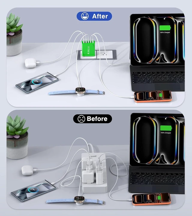 Alt view image 5 of 7 - 2 Pack 60W USB C Fast Charger Block 5-Port Type C Wall Charger Brick 2 USB A & 3 USB C PD3.0 Power Adapter Multiport Charging Plug Box for iPhone 13/14/15/16/17 Pad Mini/Pro Cellphones(Green)