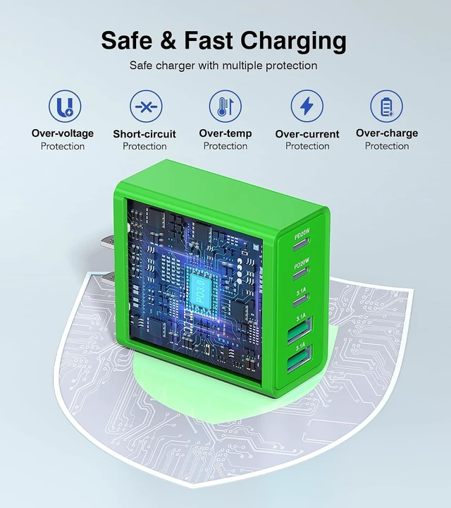 Alt view image 7 of 7 - 2 Pack 60W USB C Fast Charger Block 5-Port Type C Wall Charger Brick 2 USB A & 3 USB C PD3.0 Power Adapter Multiport Charging Plug Box for iPhone 13/14/15/16/17 Pad Mini/Pro Cellphones(Green)
