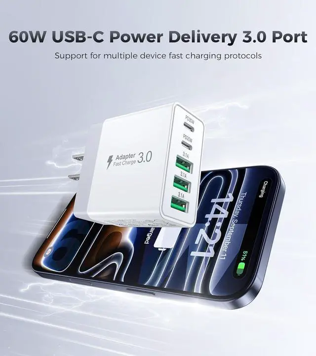 Alt view image 2 of 7 - [2-Pack] 60W USB C Wall Charger 5-Port Fast USB C Charging Block 30W Type C Power Adapter 2USB C+3USB A Multiport Charging Cube USB A Wall Plug for iPhone 17/16/15 Pro Max Plus MacBook  Galaxy