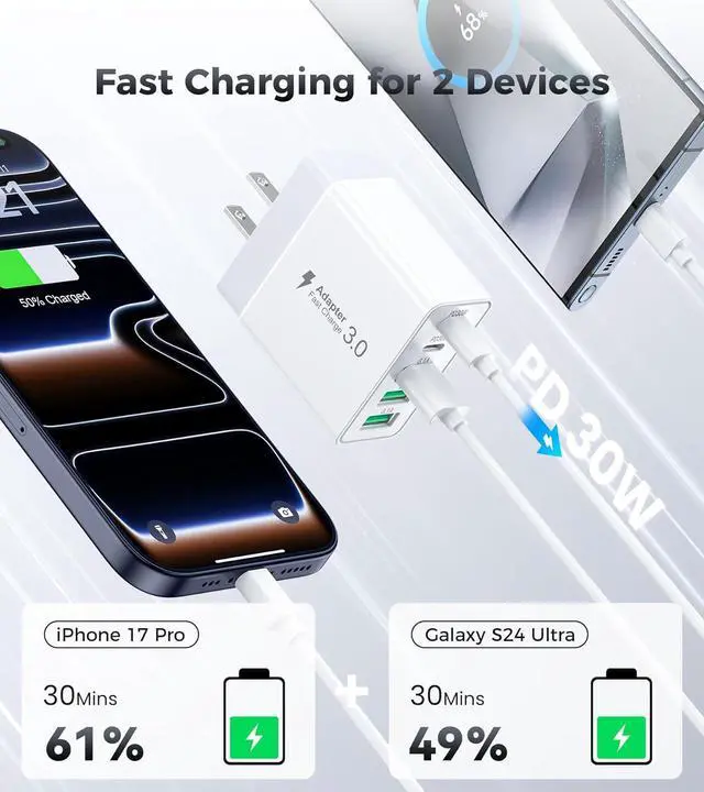 Alt view image 3 of 7 - [2-Pack] 60W USB C Wall Charger 5-Port Fast USB C Charging Block 30W Type C Power Adapter 2USB C+3USB A Multiport Charging Cube USB A Wall Plug for iPhone 17/16/15 Pro Max Plus MacBook  Galaxy