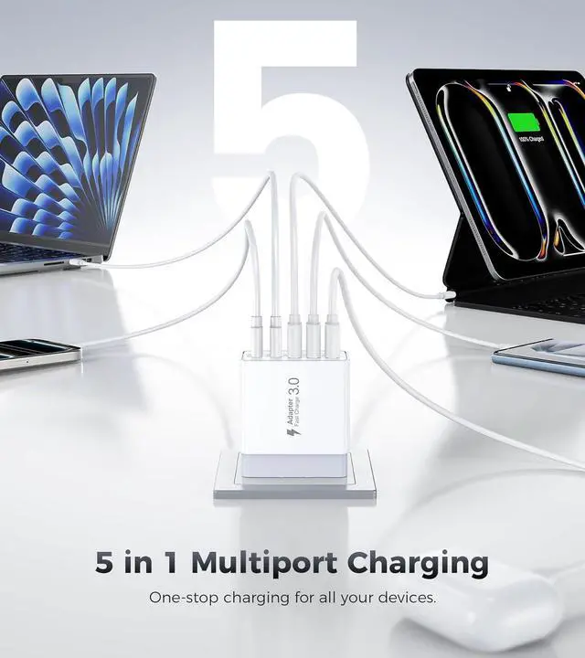 Alt view image 5 of 7 - [2-Pack] 60W USB C Wall Charger 5-Port Fast USB C Charging Block 30W Type C Power Adapter 2USB C+3USB A Multiport Charging Cube USB A Wall Plug for iPhone 17/16/15 Pro Max Plus MacBook  Galaxy
