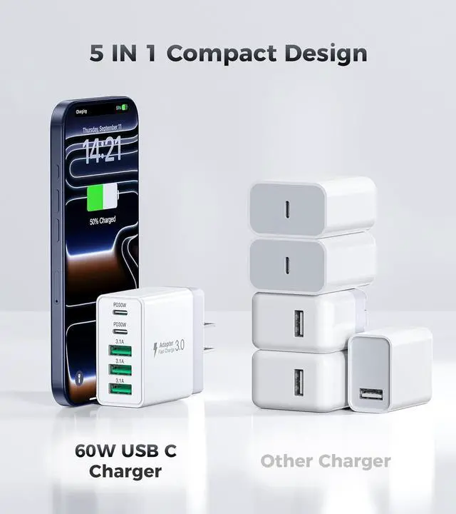 Alt view image 6 of 7 - [2-Pack] 60W USB C Wall Charger 5-Port Fast USB C Charging Block 30W Type C Power Adapter 2USB C+3USB A Multiport Charging Cube USB A Wall Plug for iPhone 17/16/15 Pro Max Plus MacBook  Galaxy