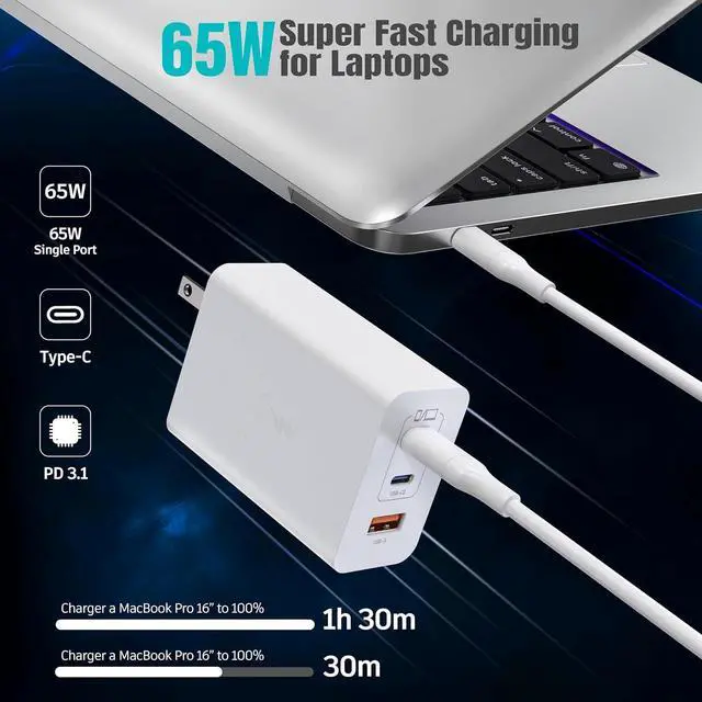 Alt view image 3 of 7 - USB C Block 100W GaN 3 Ports Wall Plug Super Fast Charging Block PD+QC Multiport Power Adapter USB C Charger Type C for iPhone 17 17 Air 17 Pro 17 Pro Max 16 15 14 iPad Galaxy S25 Tablet