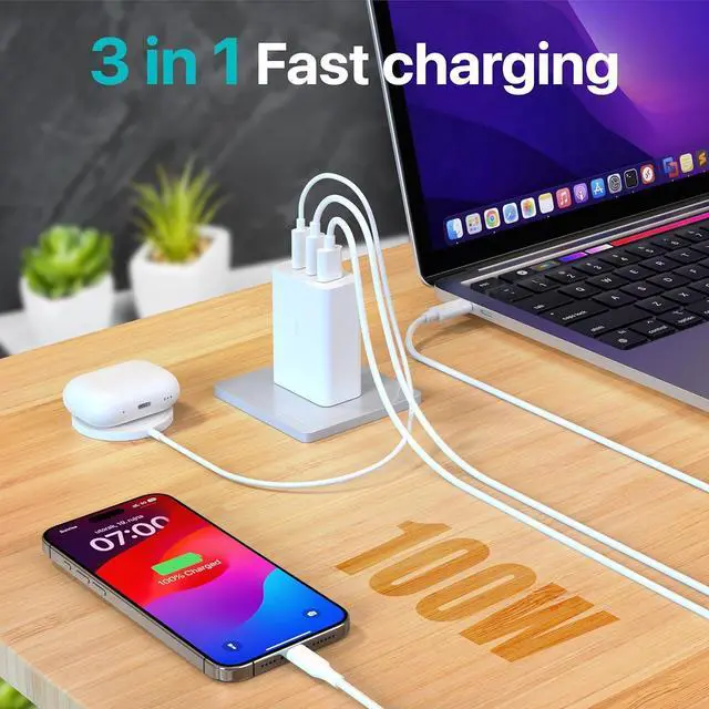 Alt view image 6 of 7 - USB C Block 100W GaN 3 Ports Wall Plug Super Fast Charging Block PD+QC Multiport Power Adapter USB C Charger Type C for iPhone 17 17 Air 17 Pro 17 Pro Max 16 15 14 iPad Galaxy S25 Tablet
