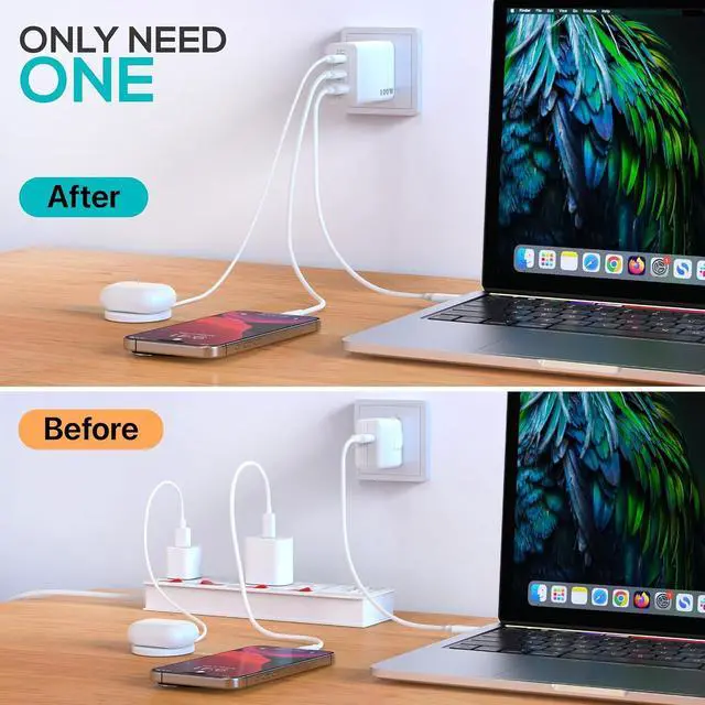 Alt view image 5 of 7 - USB C Block 100W GaN 3 Ports Wall Plug Super Fast Charging Block PD+QC Multiport Power Adapter USB C Charger Type C for iPhone 17 17 Air 17 Pro 17 Pro Max 16 15 14 iPad Galaxy S25 Tablet