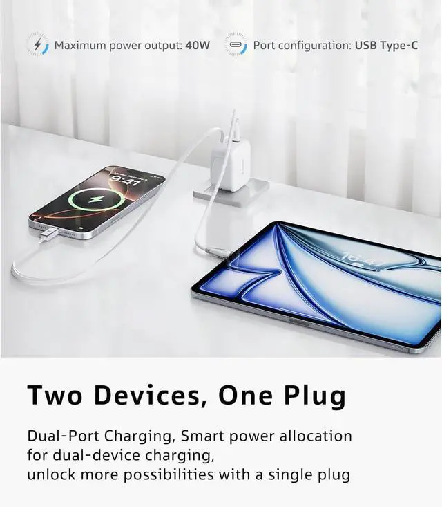 Alt view image 7 of 7 - FlexLine 40W for iPhone 17 Charger Fast Charging Retractable USB C Charger Block with Cable Dual-Port GaN  Type C Adapter for iPhone 16 Pro Max/iPhone 16/iPhone 15 with Foldable Plug