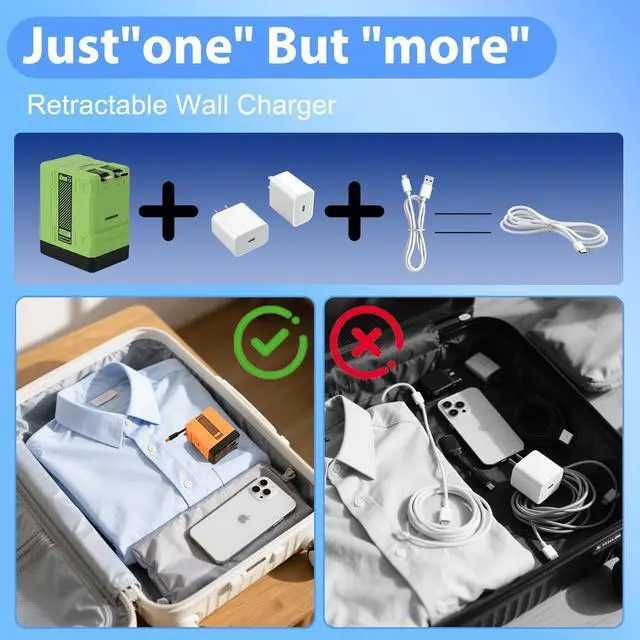 Alt view image 6 of 7 - 2-in-1 Compatible with 120w Fast Charger 2025 New Retractable Wall Fasts Charging Power Adapter with All in One Foldable Plug Multi-Functional Fast Smart Charger for Phone Tablet Laptops (Green)