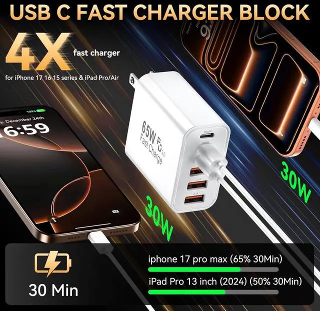 Alt view image 3 of 7 - USB C Fast Charger Block iPhone Charger Fast Charging Blocks 65W Multi Port Charger 6-Ports PD & QC Charging Cube Brick Power Adapter Type C Wall Chargers for iPhone 17/16/15/14/13/12 Pro Max iPad