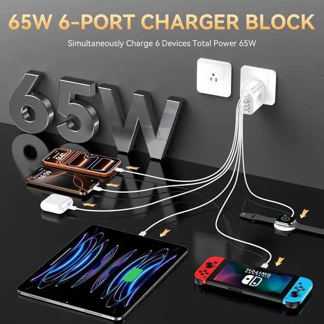 Alt view image 2 of 7 - USB C Fast Charger Block iPhone Charger Fast Charging Blocks 65W Multi Port Charger 6-Ports PD & QC Charging Cube Brick Power Adapter Type C Wall Chargers for iPhone 17/16/15/14/13/12 Pro Max iPad
