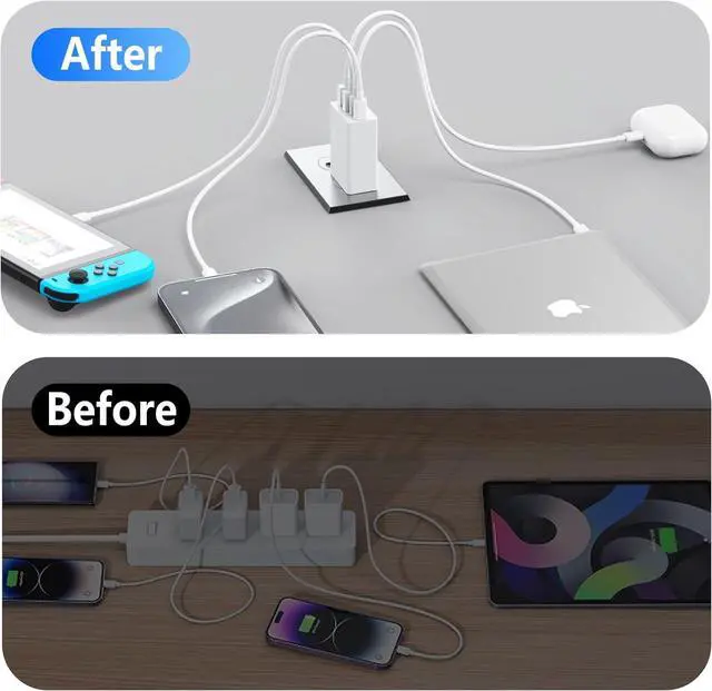 Alt view image 4 of 7 - 2Pack USB C Charger Block 40W Fast USB C Wall Charger 4-Port PD Power Adapter + QC Wall Plug Multiport Type C Charging Block Cube for iPhone 17 16 15 Pro Max XR XS 8 7 iPad Galaxy Tablet - White