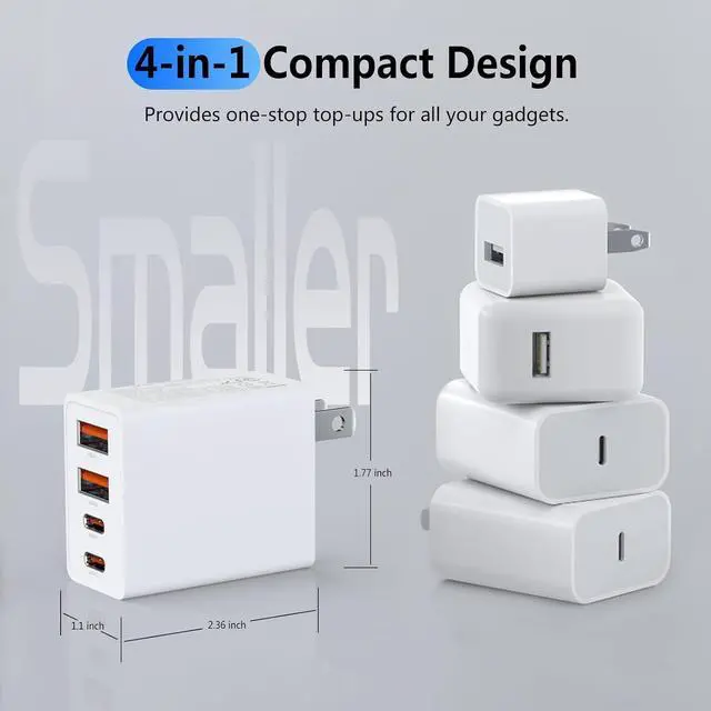 Alt view image 5 of 7 - 2Pack USB C Charger Block 40W Fast USB C Wall Charger 4-Port PD Power Adapter + QC Wall Plug Multiport Type C Charging Block Cube for iPhone 17 16 15 Pro Max XR XS 8 7 iPad Galaxy Tablet - White