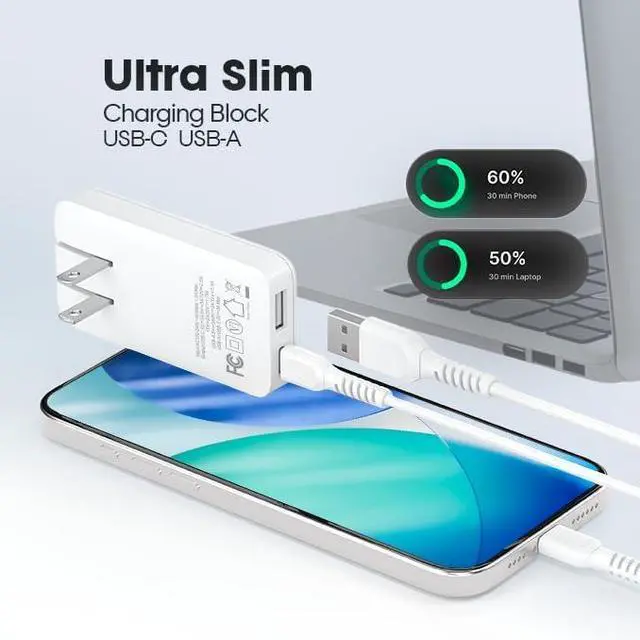 Alt view image 6 of 7 - Flat Wall Charger 35W Super Fast Charger USB C for  Galaxy S25 Ultra S24 iPhone 16 Pro Max Slim USB Wall Charger with Flat Plug Adapter Dual Port A & C Flat Outlet Plug |