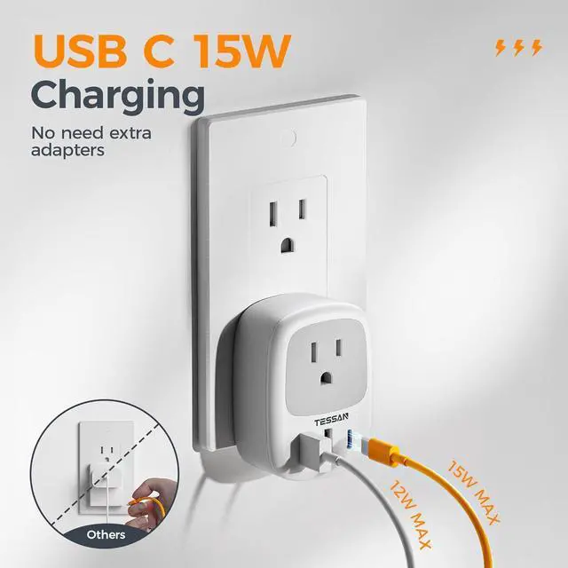 Alt view image 2 of 6 - Wall Charger Block 3 USB Charging Ports (1 USB C) and 1 AC Outlet Splitter 1875W Wall Outlet Extender Multi Plug Adapter for Cruise Home Office Dorm Room Essentials