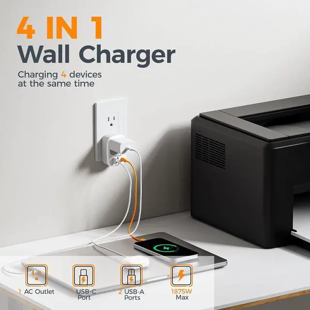 Alt view image 3 of 6 - Wall Charger Block 3 USB Charging Ports (1 USB C) and 1 AC Outlet Splitter 1875W Wall Outlet Extender Multi Plug Adapter for Cruise Home Office Dorm Room Essentials