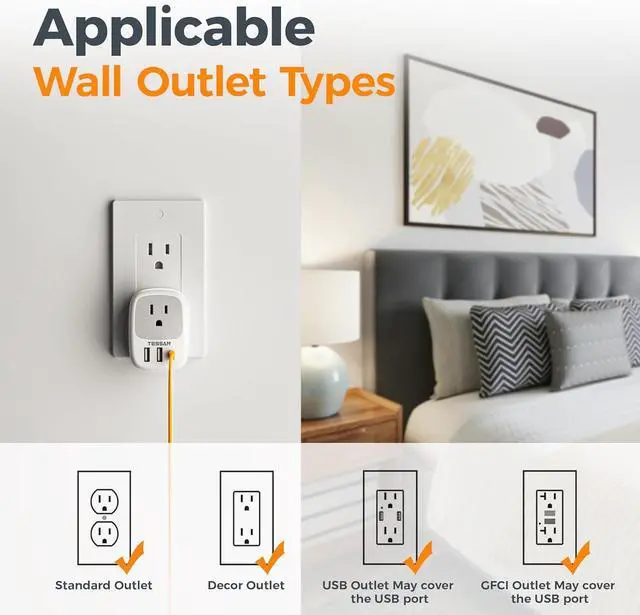 Alt view image 5 of 6 - Wall Charger Block 3 USB Charging Ports (1 USB C) and 1 AC Outlet Splitter 1875W Wall Outlet Extender Multi Plug Adapter for Cruise Home Office Dorm Room Essentials