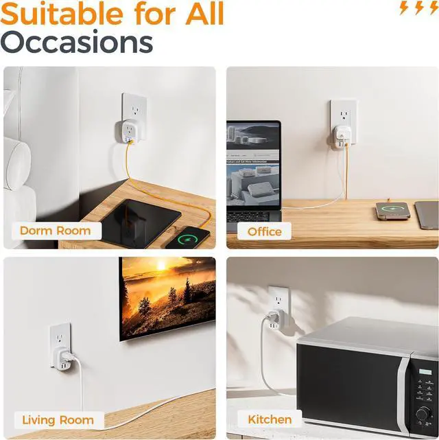 Alt view image 6 of 6 - Wall Charger Block 3 USB Charging Ports (1 USB C) and 1 AC Outlet Splitter 1875W Wall Outlet Extender Multi Plug Adapter for Cruise Home Office Dorm Room Essentials