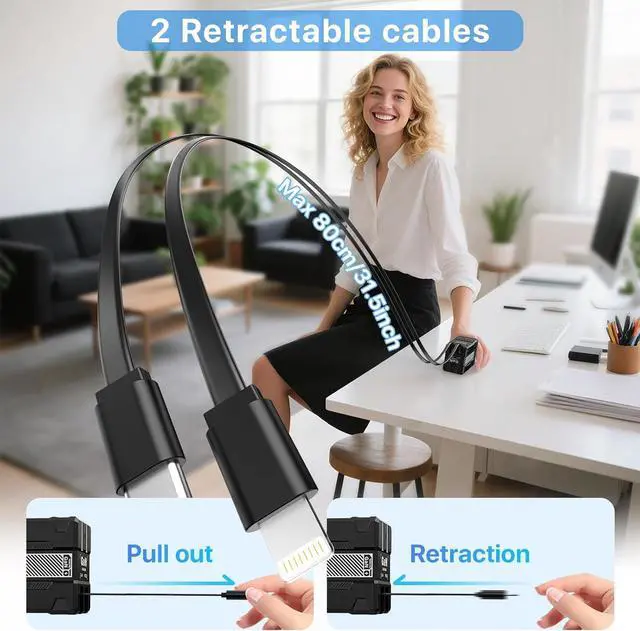 Alt view image 2 of 7 - 2 in 1 Retractable Gan Wall Charger with Dual Cables Fast Charging 45W Retractable Phone Charger Wall Plug with 2 Charging Cable USB C Chargers Block for iPhone 17 16 15 14 13 LG Pixel