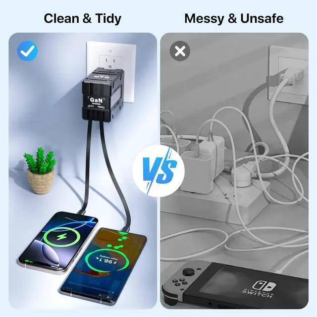 Alt view image 7 of 7 - 2 in 1 Retractable Gan Wall Charger with Dual Cables Fast Charging 45W Retractable Phone Charger Wall Plug with 2 Charging Cable USB C Chargers Block for iPhone 17 16 15 14 13 LG Pixel