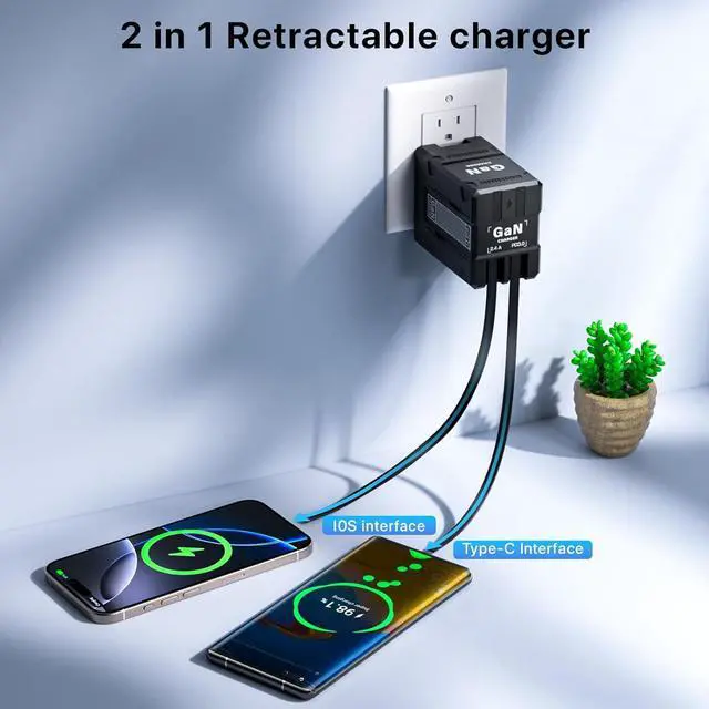 Alt view image 3 of 7 - 2 in 1 Retractable Gan Wall Charger with Dual Cables Fast Charging 45W Retractable Phone Charger Wall Plug with 2 Charging Cable USB C Chargers Block for iPhone 17 16 15 14 13 LG Pixel