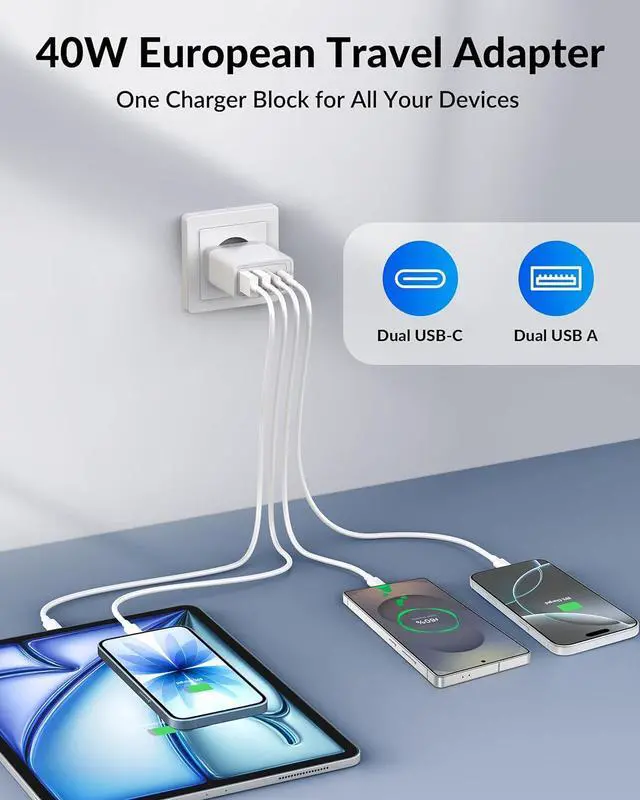 Alt view image 2 of 7 - European Travel Plug Adapter 40W 4-Port USB C Wall Charger Plug Type C Fast Charging Block International Power Adaptor US to Europe EU for iPhone 17 16 15 14 13 12 11 Pro Max XS iPad Galaxy