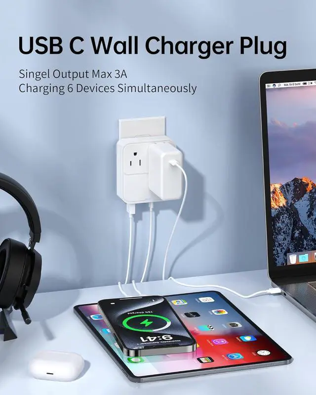 Alt view image 2 of 7 - USB C Charger Block Slim Flat USB Wall Charger Plug with 2 Outlet Ports Multi USB C Charging Power Adapter for Home Travel Office School (20W)