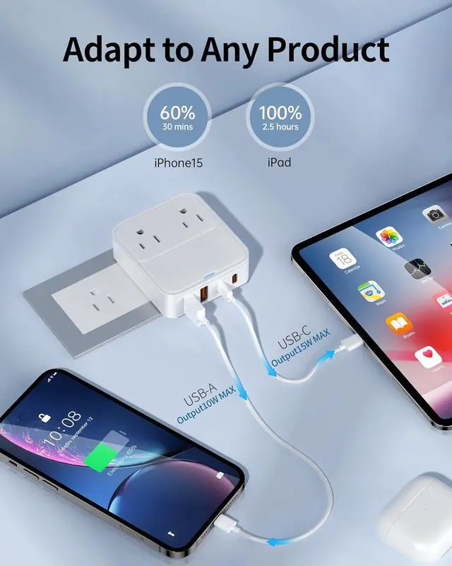 Alt view image 3 of 7 - USB C Charger Block Slim Flat USB Wall Charger Plug with 2 Outlet Ports Multi USB C Charging Power Adapter for Home Travel Office School (20W)