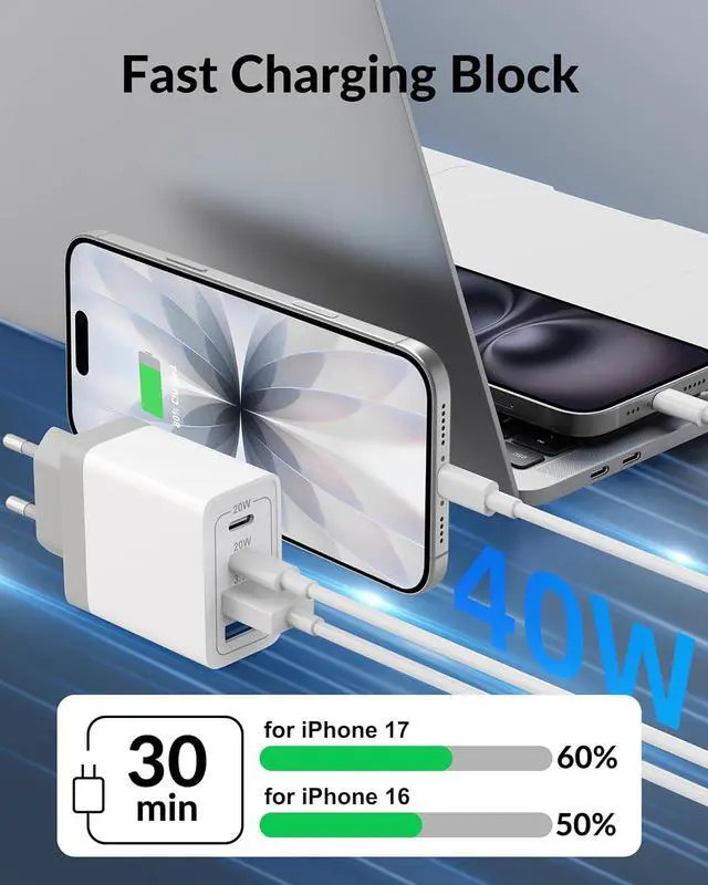 Alt view image 3 of 7 - European Travel Plug Adapter 40W 4-Port USB C Wall Charger Plug Type C Fast Charging Block International Power Adaptor US to Europe EU for iPhone 17 16 15 14 13 12 11 Pro Max XS iPad Galaxy