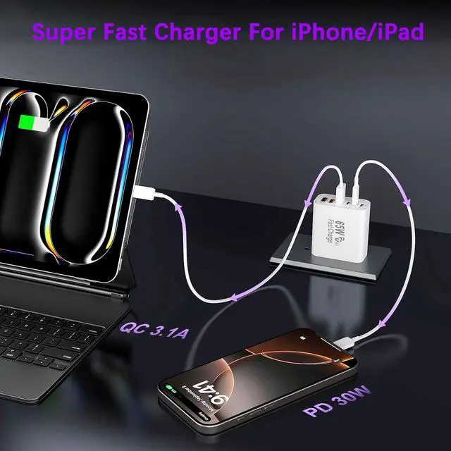 Alt view image 2 of 7 - 65W USB C Charger Block 6-Port Type C Charger Fast Charging Block PD 3.0 USB Multiport Chargers Brick QC Power Charger Adapter for iPhone 17/16/15/14/13/12/11 Pro Max iPad iPod  Galaxy