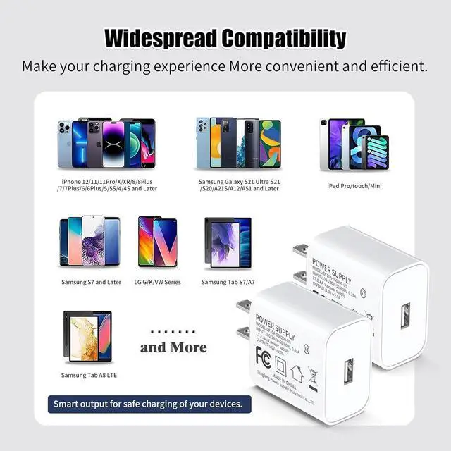 Alt view image 2 of 7 - 5V 2A Power Adapter UL Certified USB Wall Charger 2-Pack  Fast Charging Plug Cube for iPhone 13/14/15/16/16 Pro/Pro Max/Plus XS/XR/X & Watch Series 7/8 Ideal for Home & Travel Use