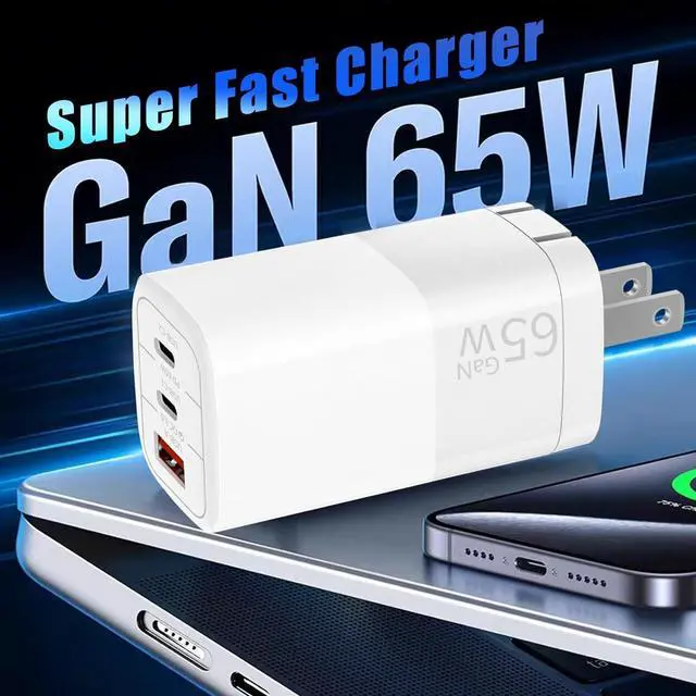 Alt view image 2 of 7 - 65W GaN Fast Charger 3-Port USB C PD Power Adapter (2×USB-C + 1×USB-A)  Compact & Foldable for MacBook Pro/Air iPhone 16 iPad Galaxy S25  XPS  Travel-Friendly & Overheating Protection
