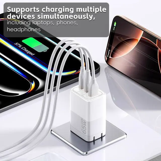 Alt view image 3 of 7 - 65W GaN Fast Charger 3-Port USB C PD Power Adapter (2×USB-C + 1×USB-A)  Compact & Foldable for MacBook Pro/Air iPhone 16 iPad Galaxy S25  XPS  Travel-Friendly & Overheating Protection