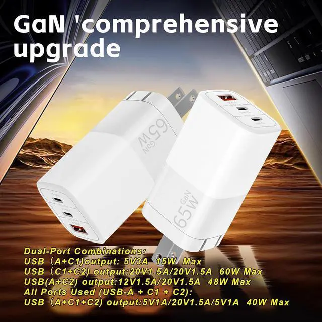 Alt view image 5 of 7 - 65W GaN Fast Charger 3-Port USB C PD Power Adapter (2×USB-C + 1×USB-A)  Compact & Foldable for MacBook Pro/Air iPhone 16 iPad Galaxy S25  XPS  Travel-Friendly & Overheating Protection