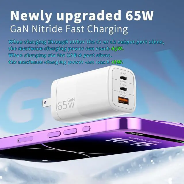 Alt view image 7 of 7 - 65W GaN Fast Charger 3-Port USB C PD Power Adapter (2×USB-C + 1×USB-A)  Compact & Foldable for MacBook Pro/Air iPhone 16 iPad Galaxy S25  XPS  Travel-Friendly & Overheating Protection