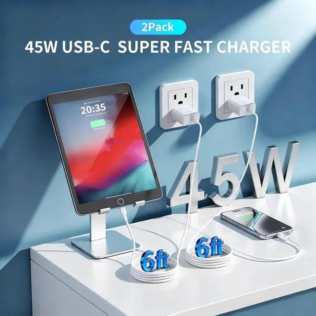 Alt view image 3 of 7 - USB C Charger for iPhone 17 Pro Max 2Pack 45W USB-C Super Fast Charging Wall Charger Block Power Adapter with 6FT Type C USBC to C Cable for iPhone 17/17 Pro/17 Pro Max/Air/16 Plus/16/15 Galaxy