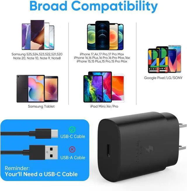 Alt view image 3 of 6 - USB C Charger Block 25W USBC Super Fast Charging Adapter for  Galaxy S25 S24 Ultra S23 S22 S21 S20 Note20 / iPhone 17 16 15 14 13 Pro Max Type C Wall Charger Plug 2 Pack