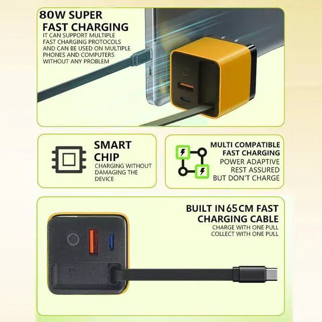 Alt view image 7 of 7 - Tobre Retractable USB C Charger for iPhone 17 Scalable 80W Max Fast Charger Wall Plug 80W Retractable Phone Charger Plug with Retractable Cable for iPhone 17 Pro Max/16/15 Galaxy S25 Pixel 10 iPad