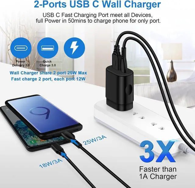 Alt view image 3 of 7 - Charger Plug Super Fast Charging 25W 2 Port USB A & USB C Wall Charger Block Android Phone Adapter Compatible with  Galaxy S25 Ultra S25 FE Edge S25 Plus A17 A16 A35 A55 S24 A14 A54 S23 S22 A25